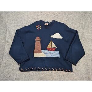 Vintage Crewneck Navy Large Sweatshirt Patchwork Lighthouse Coastal Grandma